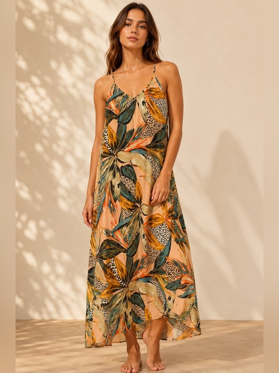 Nicole Miller Dresses & Skirts - Nicole Miller Tropical Botanical Leopard Print Open Back Long Sleeve Dress Large